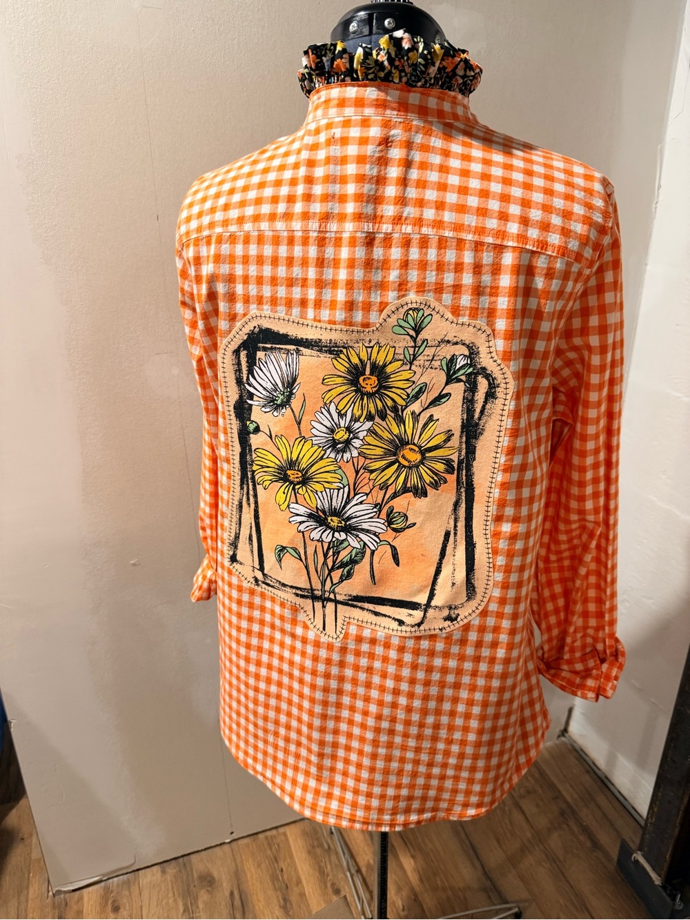 Upcycled Old Navy Orange Gingham Floral Patch Button-Up Shirt